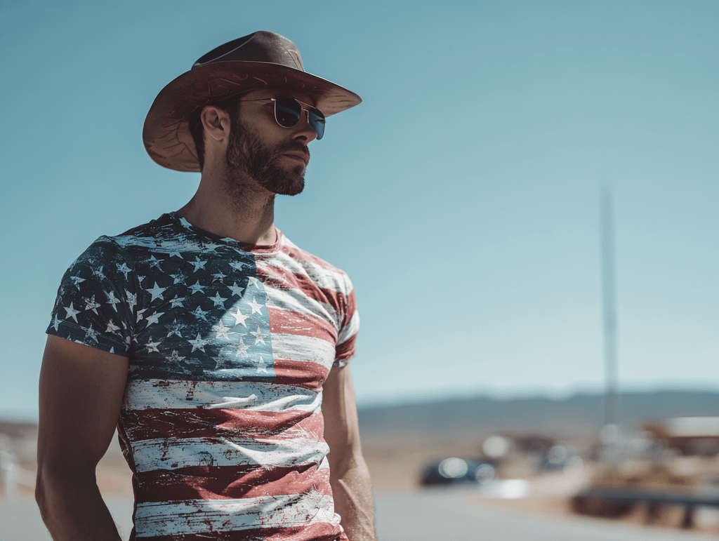 Man wearing an American flag t-shirt and cowboy hat outdoors, symbolizing patriotism and modern American style